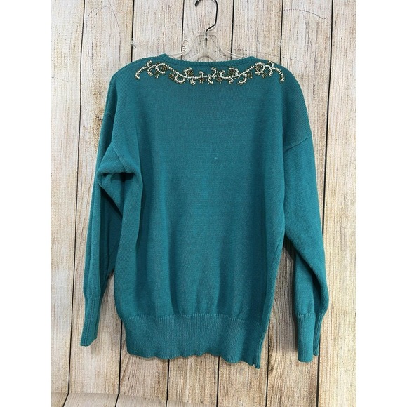 Vtg 90s Teal Beaded Knit Sweater Sz M Pearl Sequin Embellished Y2K Soft Glam - Picture 5 of 8